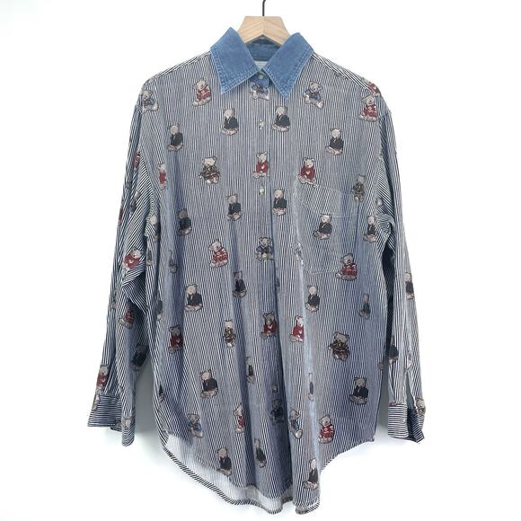 Vintage Tops - VTG Quizz Button Up Shirt Women Large Bear Railroad Stripe Denim Woven Novelty